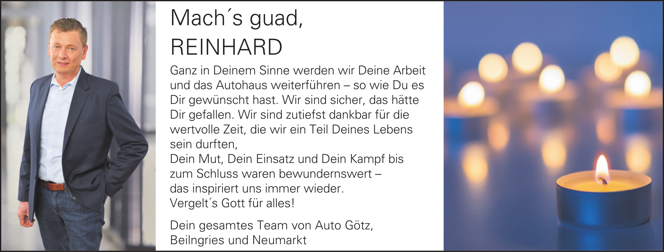 Zu sehen ist Firmengründer Reinhard Götz mit einem erläuternden Bildtext; rechts daneben erscheint das Foto eines brennenden Teelichts